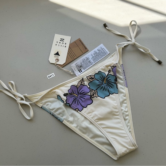 Billabong Swim Bikini Bottom XL Floral Ivory Aloha Tie Side Hike Super Skimpy - Picture 1 of 5